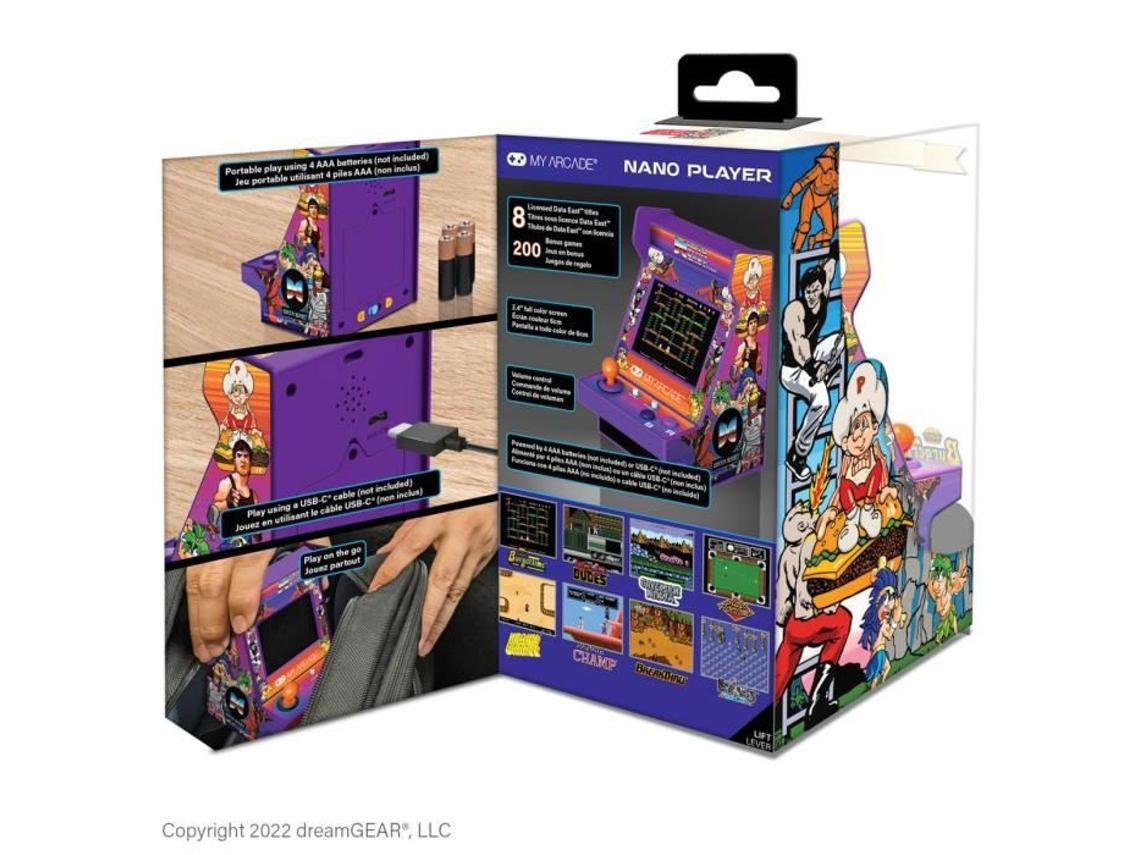 Caja con un juego arcade morado, pilas y cable USB.