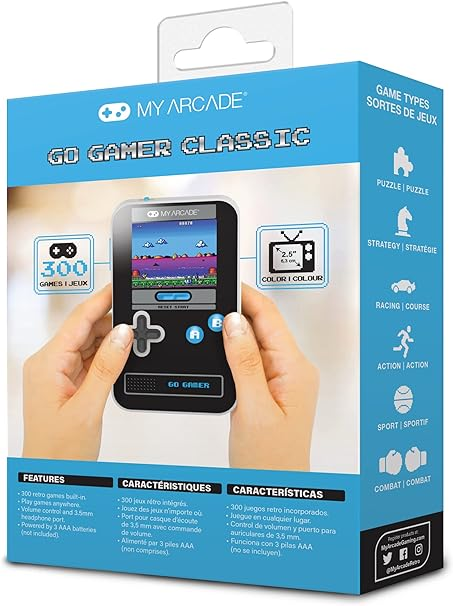 Parte trasera de la caja de la consola portátil My Arcade Go Gamer Classic, con detalles del juego.