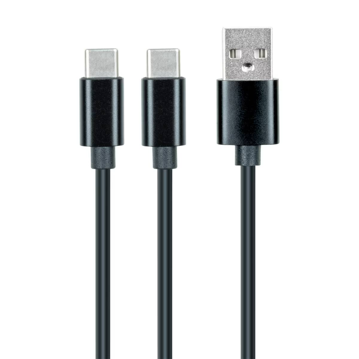 Tres cables USB negros con diferentes conectores: dos USB-C y uno USB-A.
