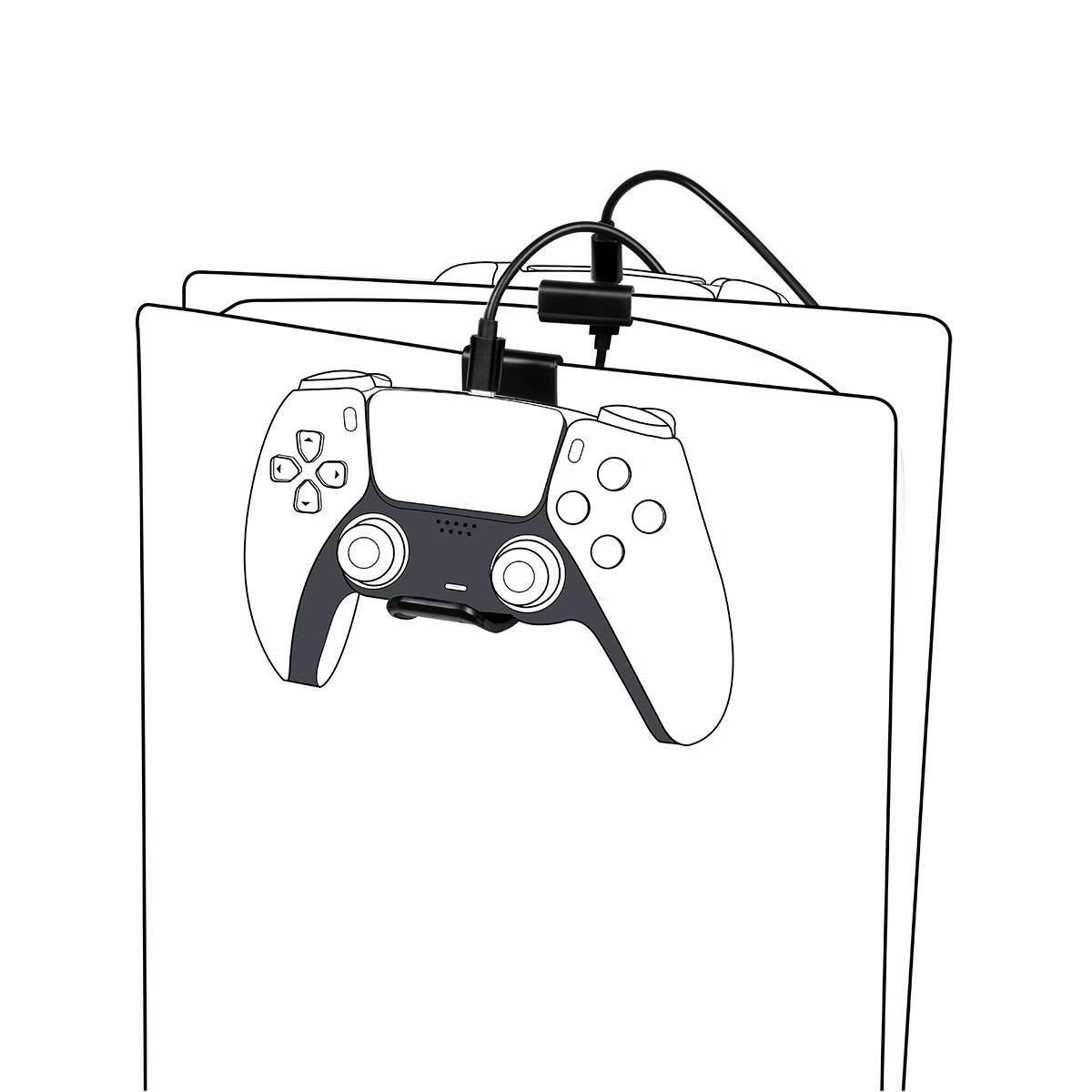 Una ilustración en blanco y negro de un mando de PlayStation 5 con cables de carga.
