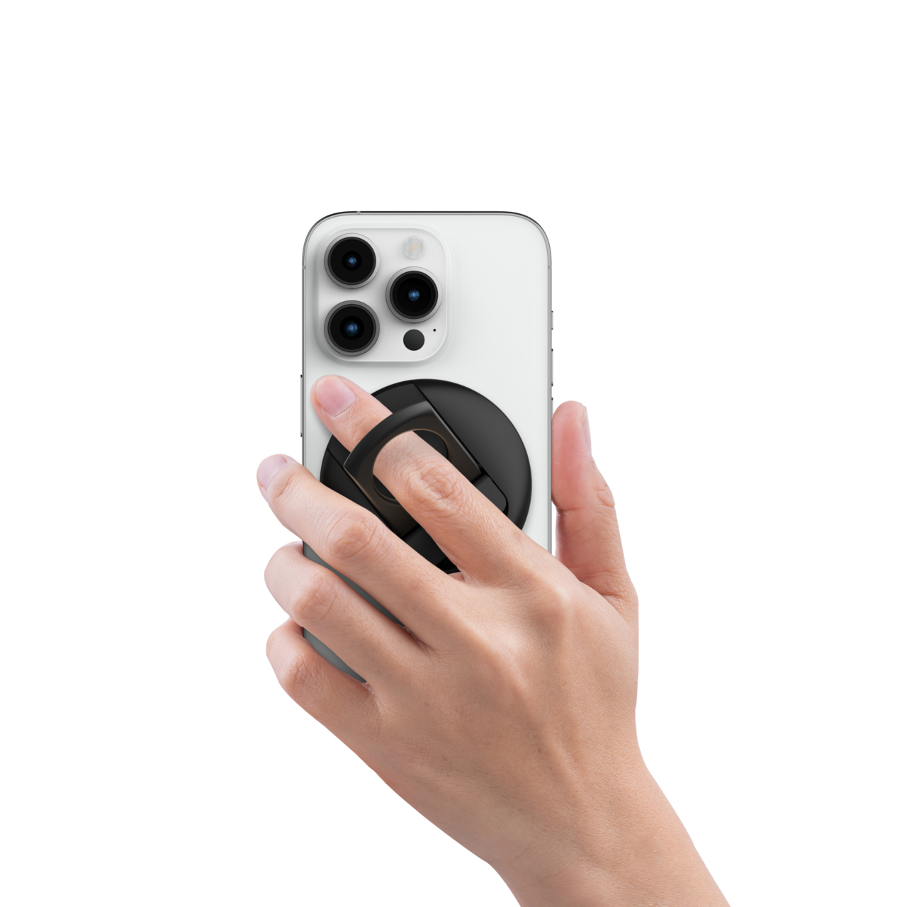 Una mano sosteniendo un teléfono inteligente blanco con un soporte de anillo negro adjunto en la parte posterior.