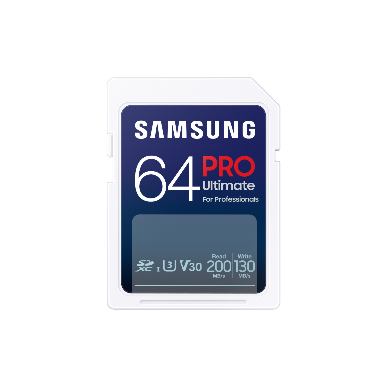 A Samsung 64 Pro Ultimate SD card on a white background.