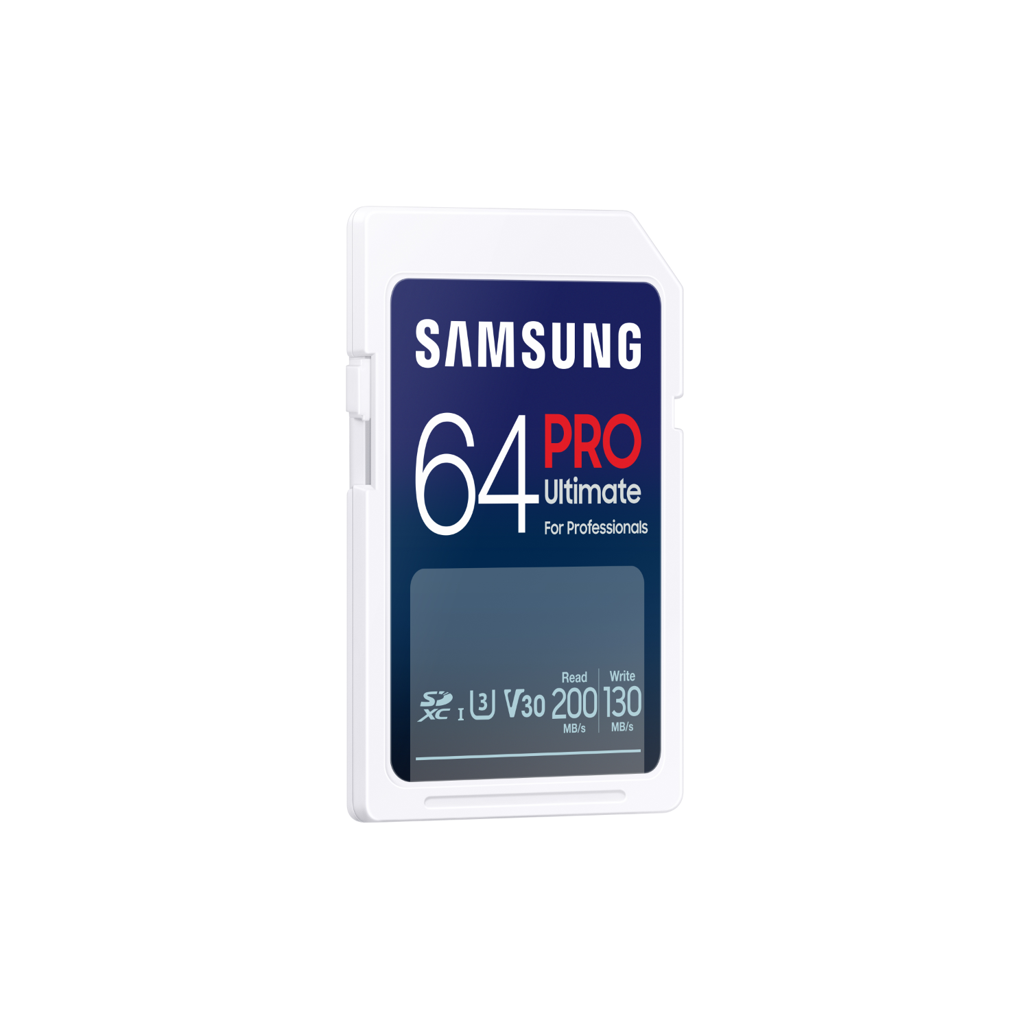 A white SD card with blue and white labeling.