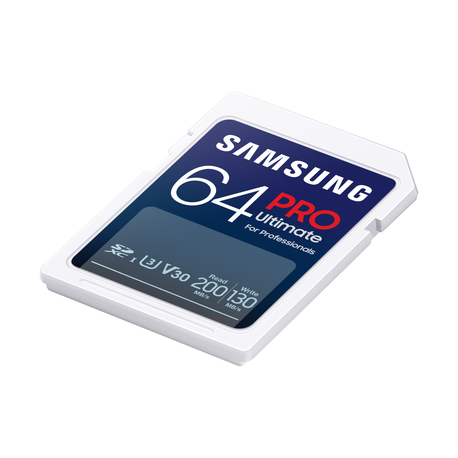 A white and blue Samsung SD card. The card has text that says 64 PRO Ultimate.