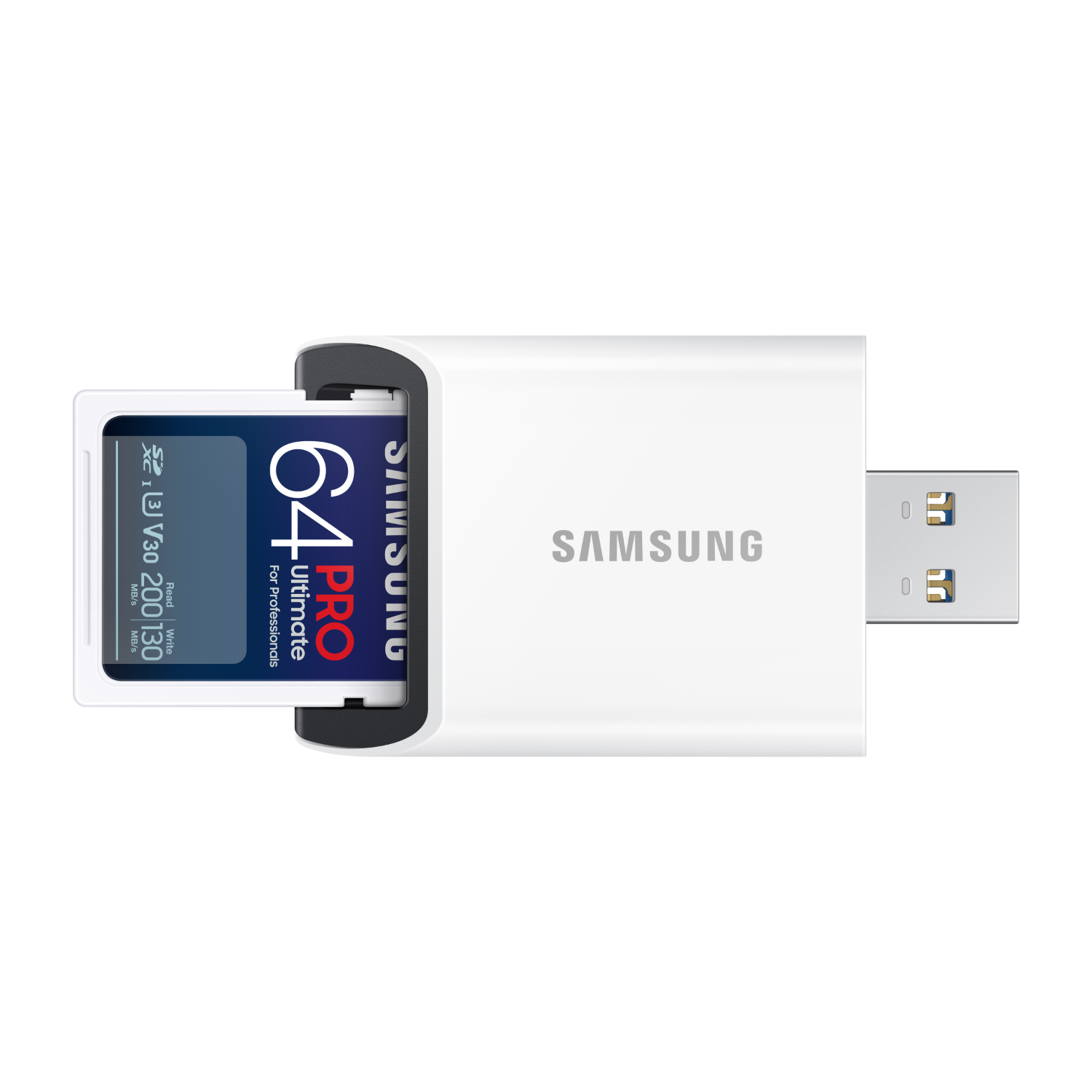 A Samsung 64GB Pro memory card inserted in a white USB card reader.