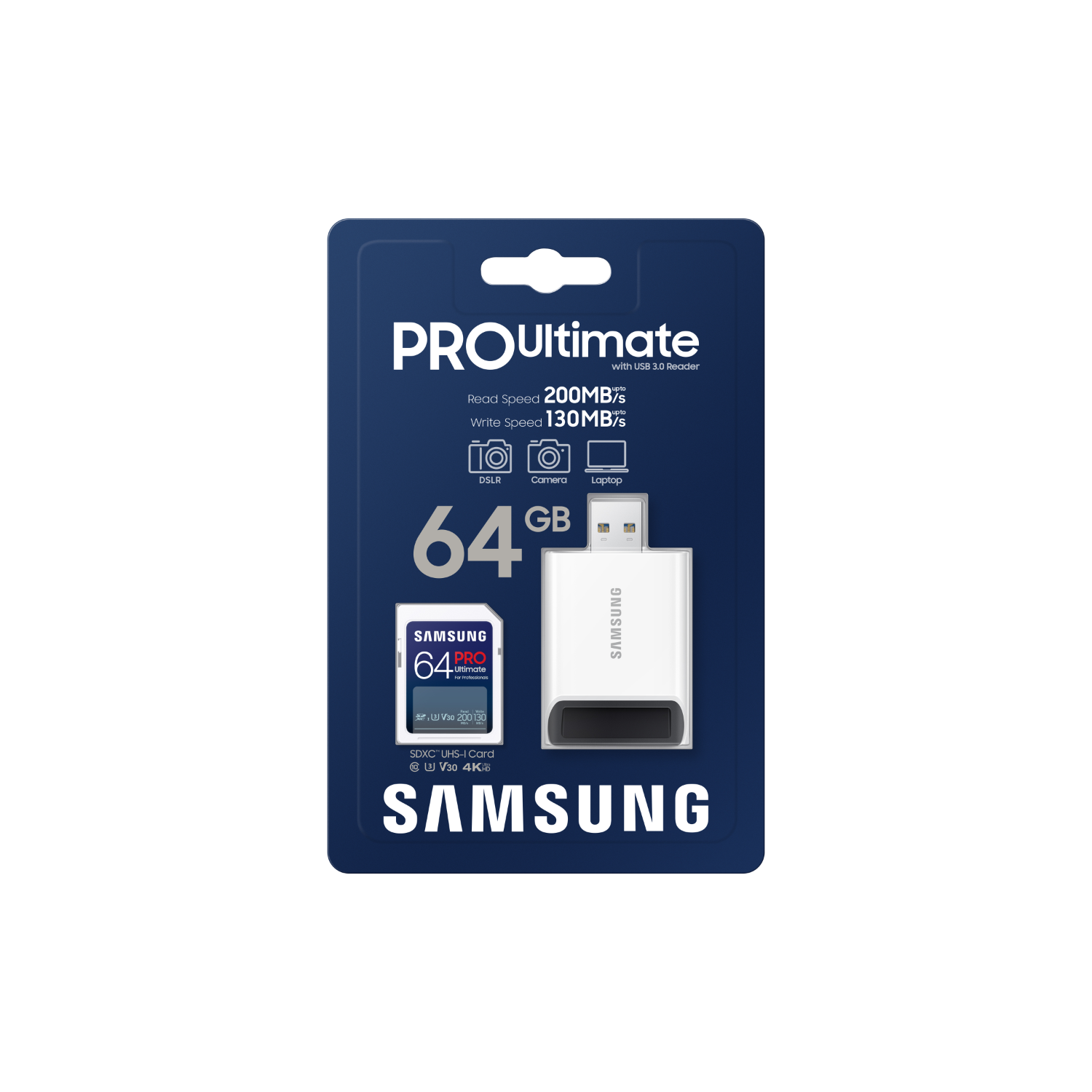 A Samsung 64GB micro SD card and a USB 3.0 reader, in a blue and white package.