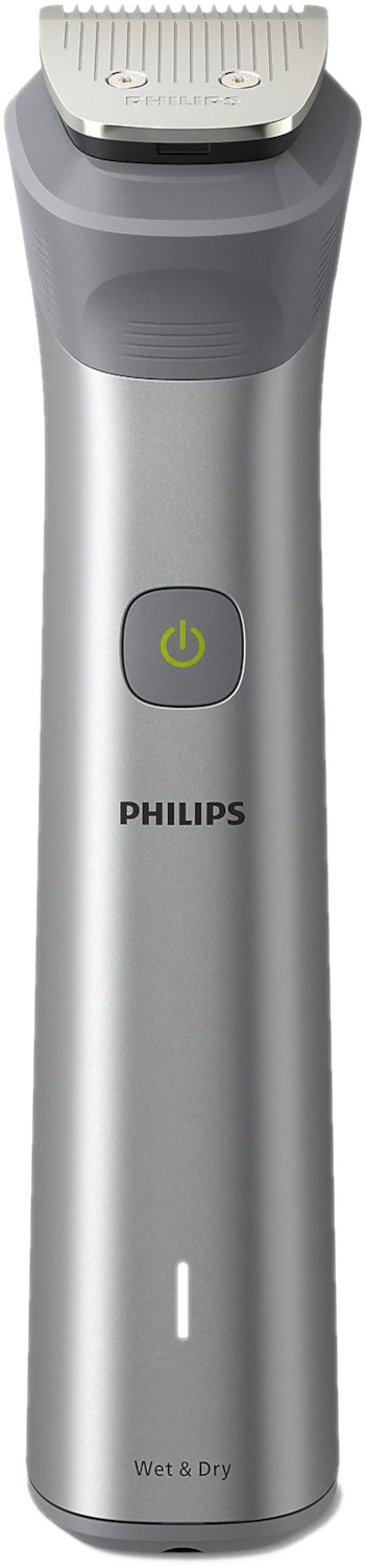 Tondeuse corporelle Philips argent et gris. Bouton marche/arrêt et logo Philips. 'Wet & Dry' est écrit dessus.