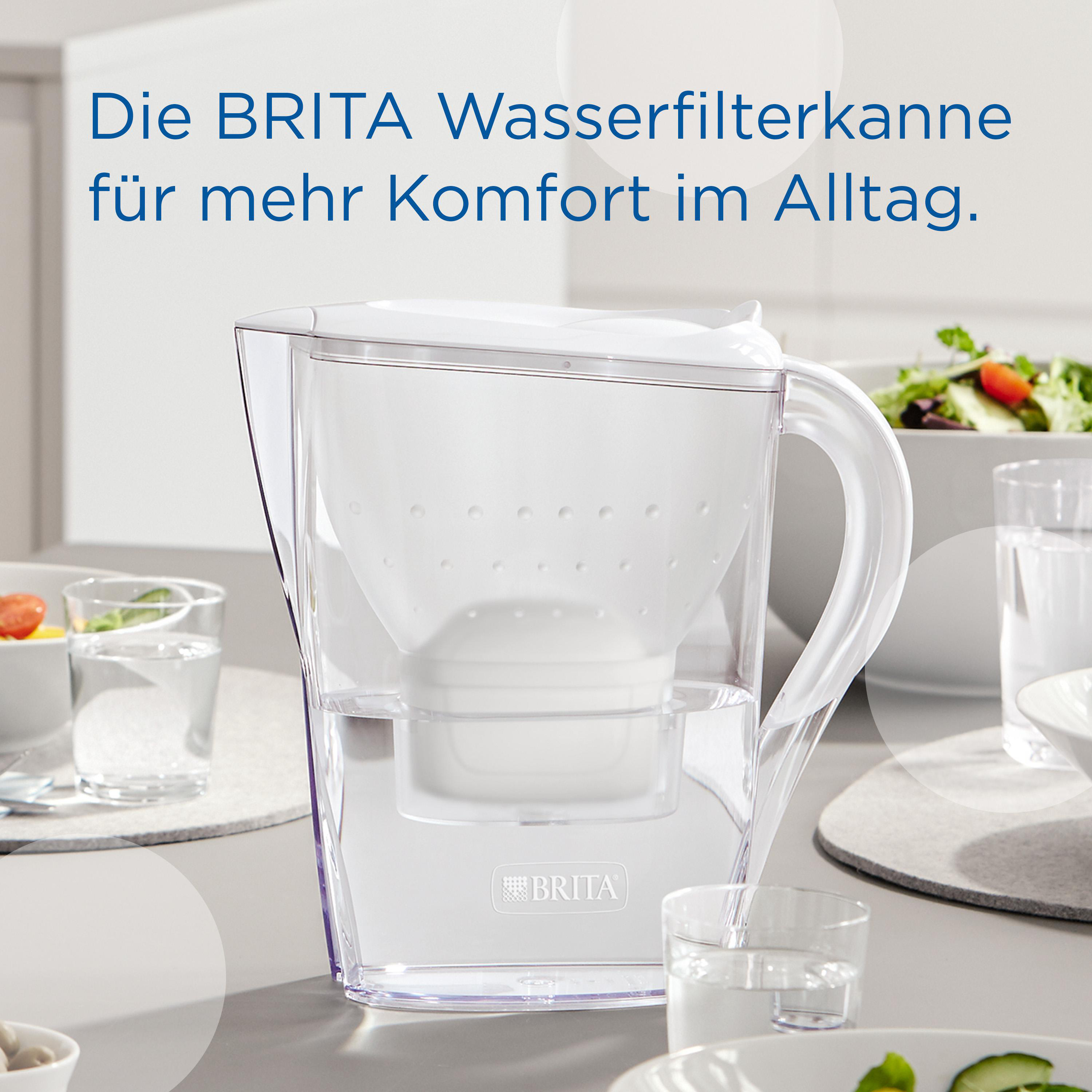Klarer Wasserkrug mit weißem Filter. Salat im Hintergrund. Text oben.