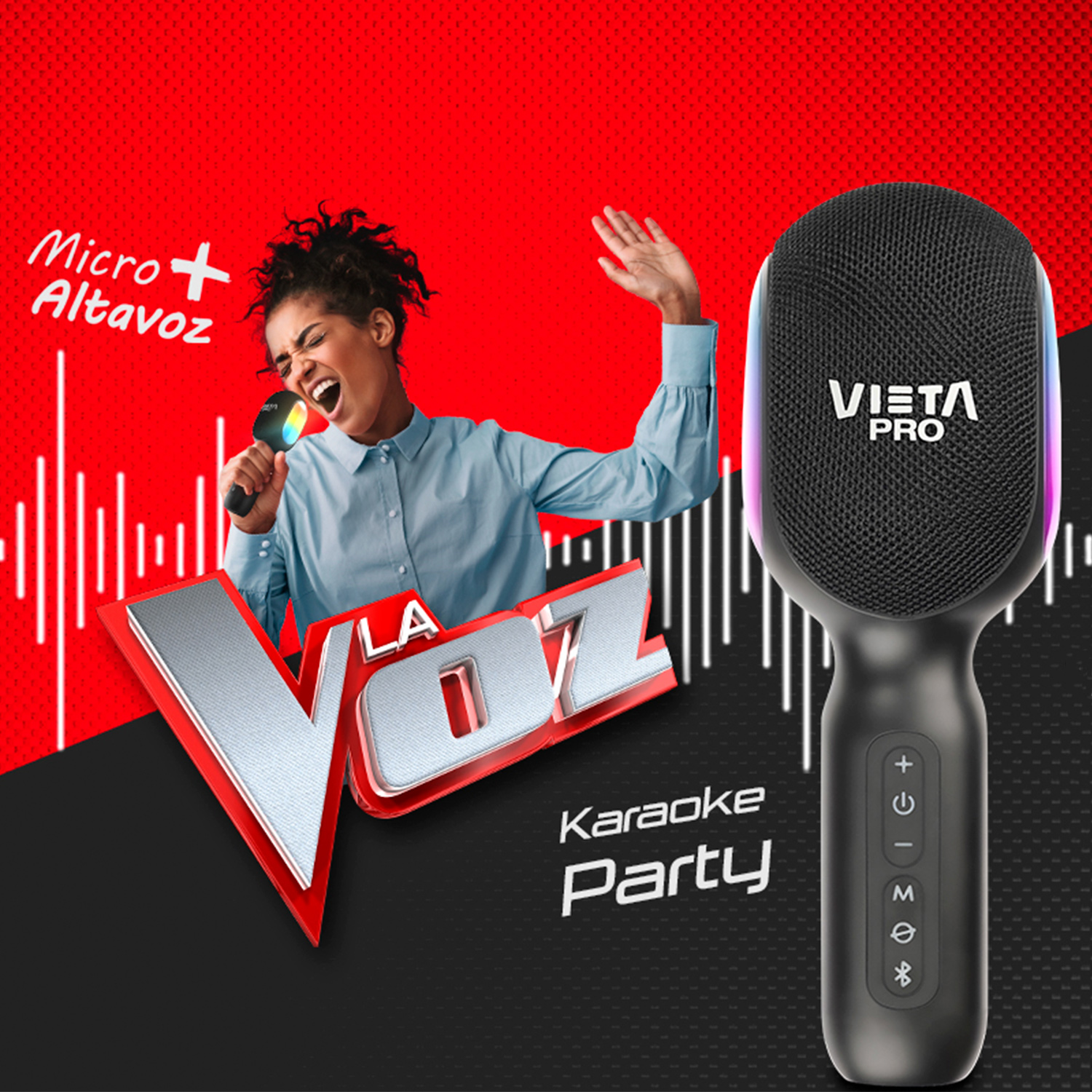 Una mujer cantando en un micrófono negro con luces. El texto dice Karaoke Party.