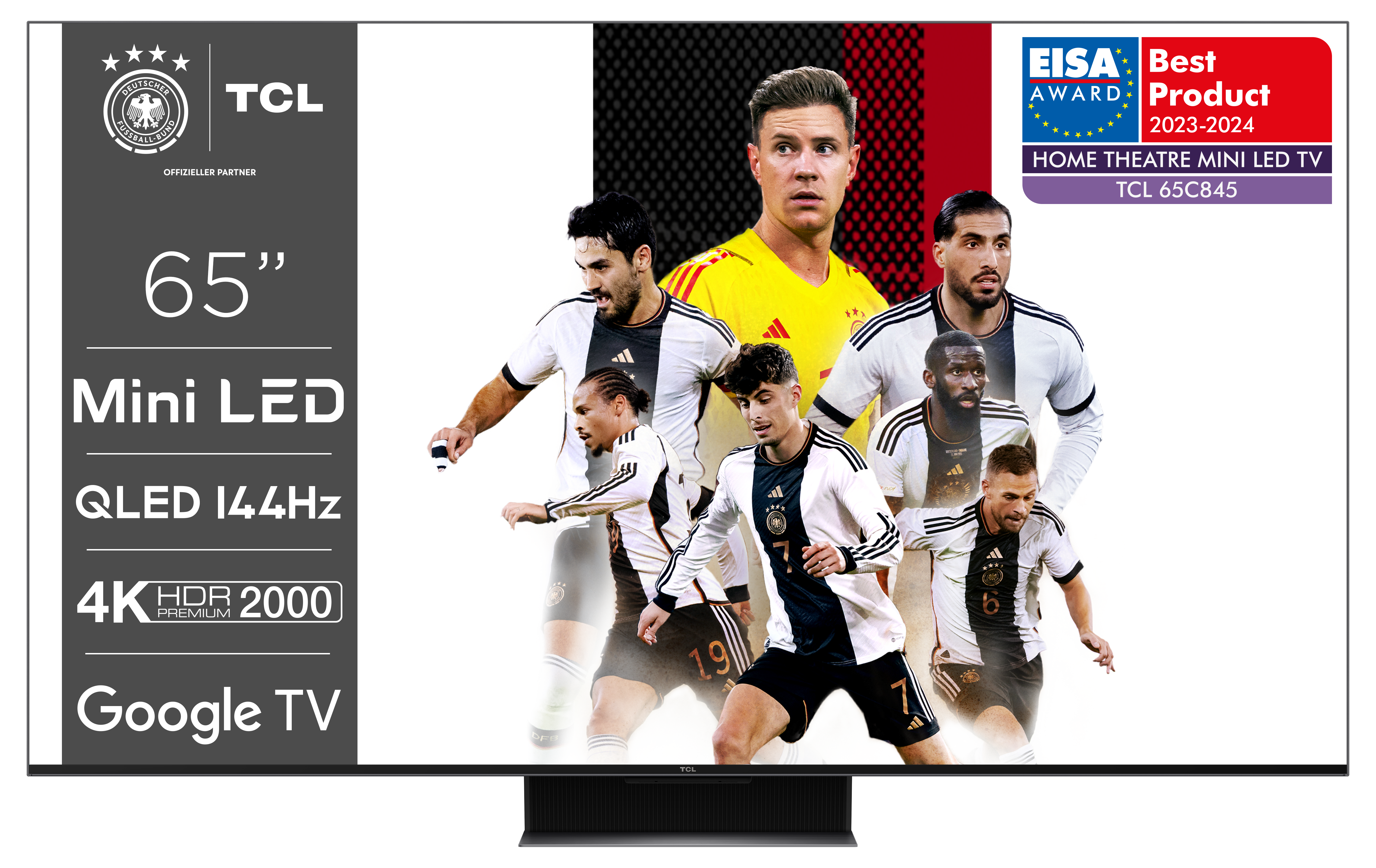 TCL 65C845 (65 Zoll, QLED Mini LED TV, Smart TV, Google TV, 144Hz Motion Clarity Pro, Sprachassistent)