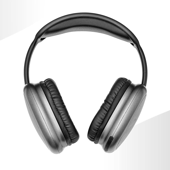 Vista cenital de auriculares grises con diadema negra sobre fondo blanco.
