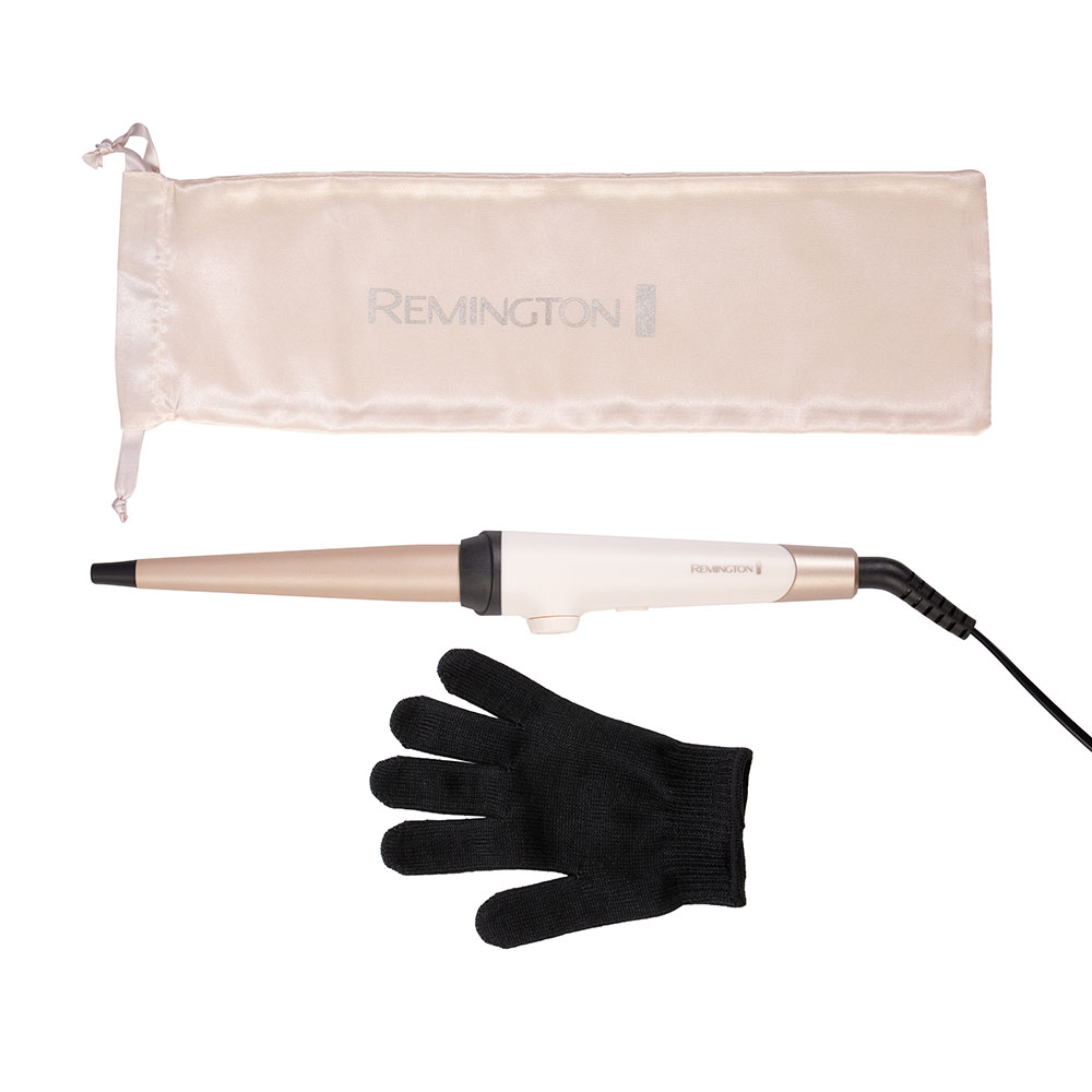 Rizador de pelo con accesorios, incluyendo un guante resistente al calor y una bolsa.