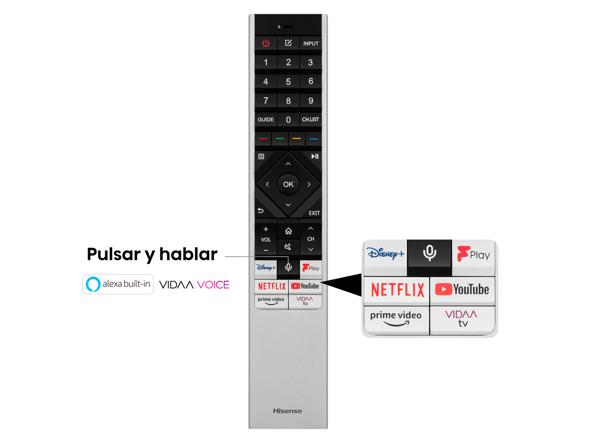 Mando a distancia Hisense plateado con botones y logotipos. Tiene una sección para Alexa, Vidda Voice y apps.