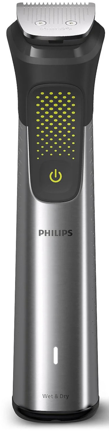 Un rasoir corporel Philips argenté et noir pour utilisation sur peau sèche et humide, avec un bouton d'alimentation jaune.