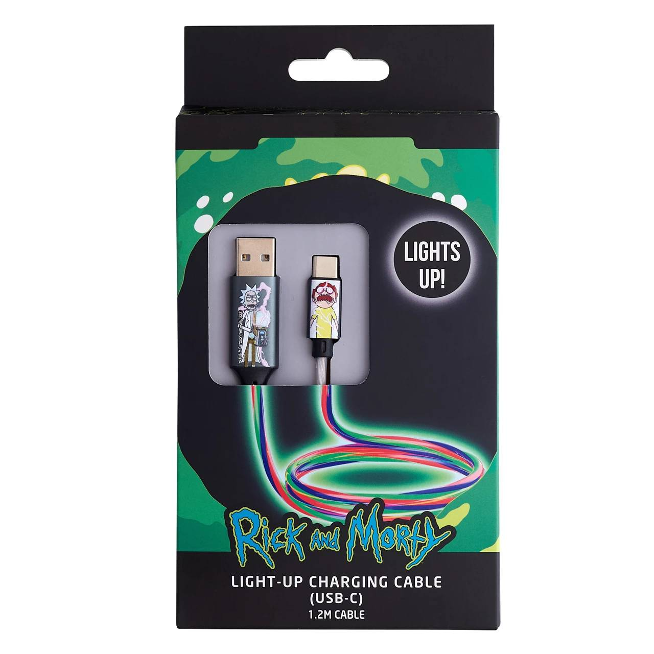 Cable de carga de Rick y Morty en una caja con conector USB-C.