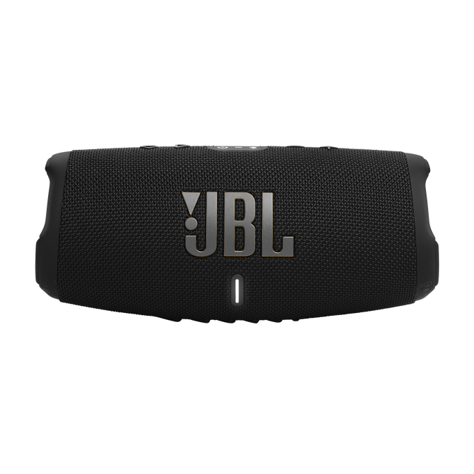 Altavoz JBL negro con el logotipo de la marca en la parte delantera, sobre fondo negro.