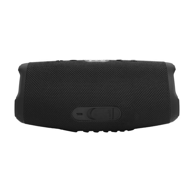 Altavoz negro, con un puerto de carga y un asa. El altavoz es rectangular.
