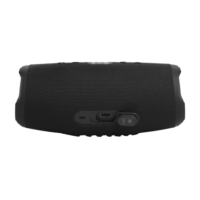 Un altavoz JBL negro. La parte trasera muestra puertos para cargar y una conexión USB.