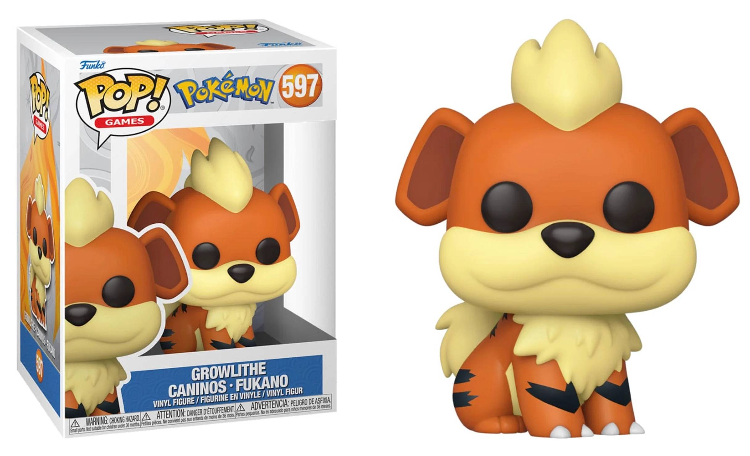 Una figura de Funko Pop de Growlithe en su caja. Es de color naranja y crema, con una pose juguetona.