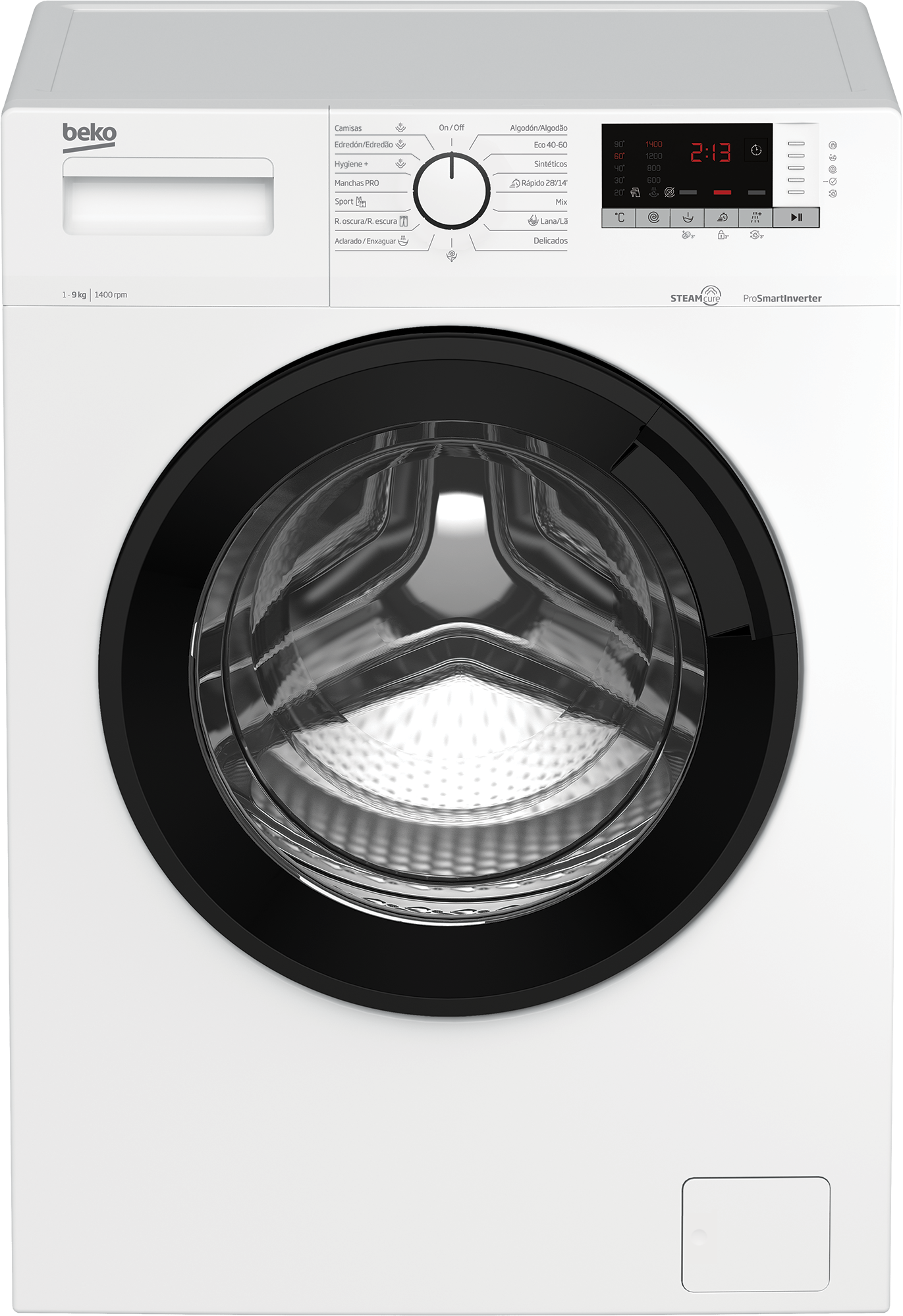 Lavadora Beko. Blanca con puerta negra y panel de control. Pantalla digital.
