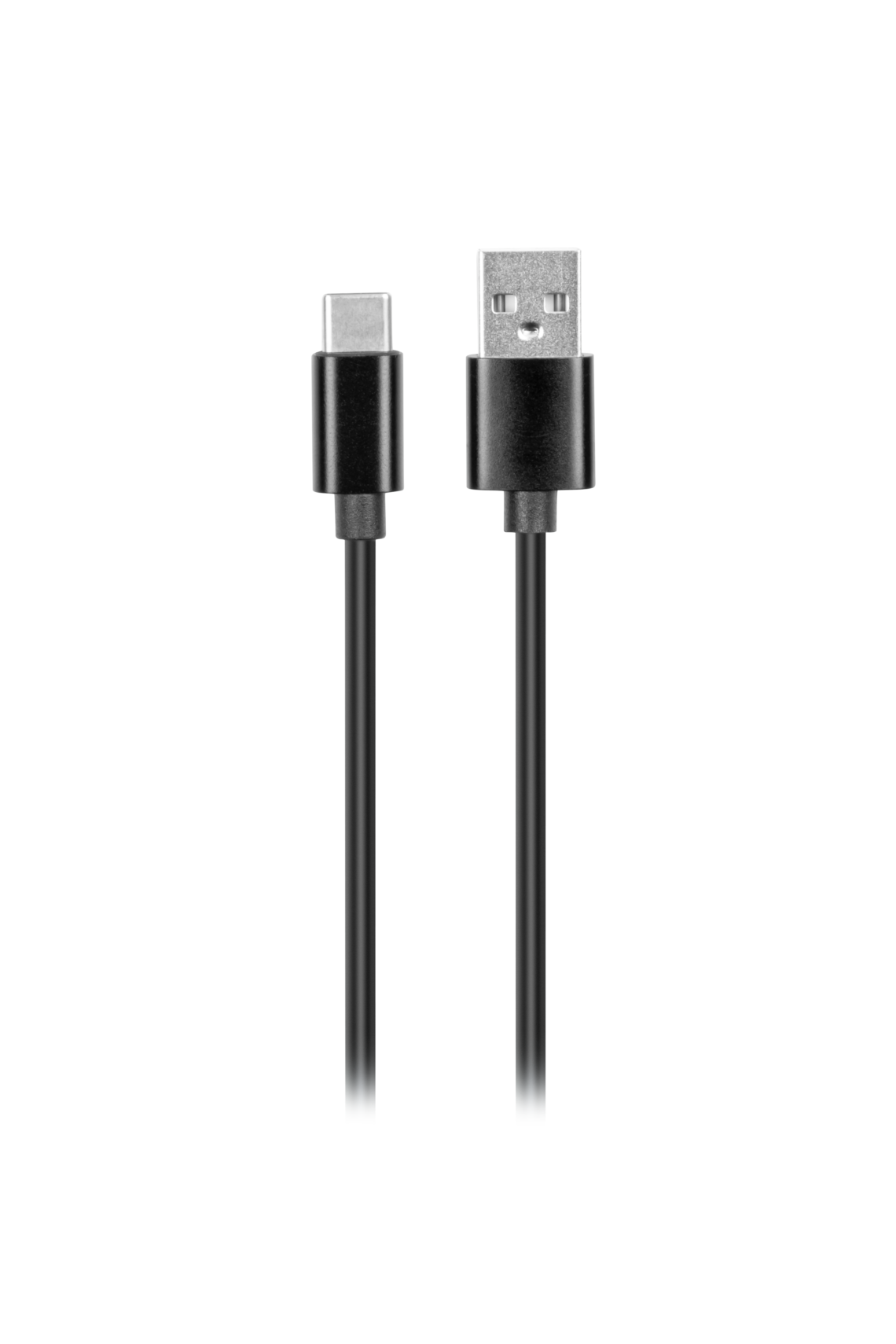 Dos cables USB negros con conectores USB-C y USB-A sobre un fondo negro.