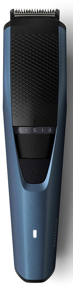 Blue and black Philips beard trimmer. Has a dial for length adjustments and a power button.