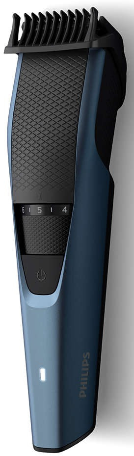 A blue and black Philips beard trimmer. Shows the power button, settings, and the trimming head.