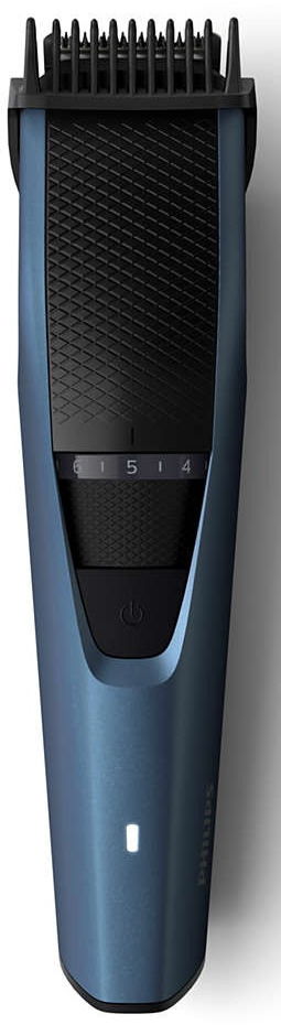 A blue and black beard trimmer with a dial and power button, on a white background.