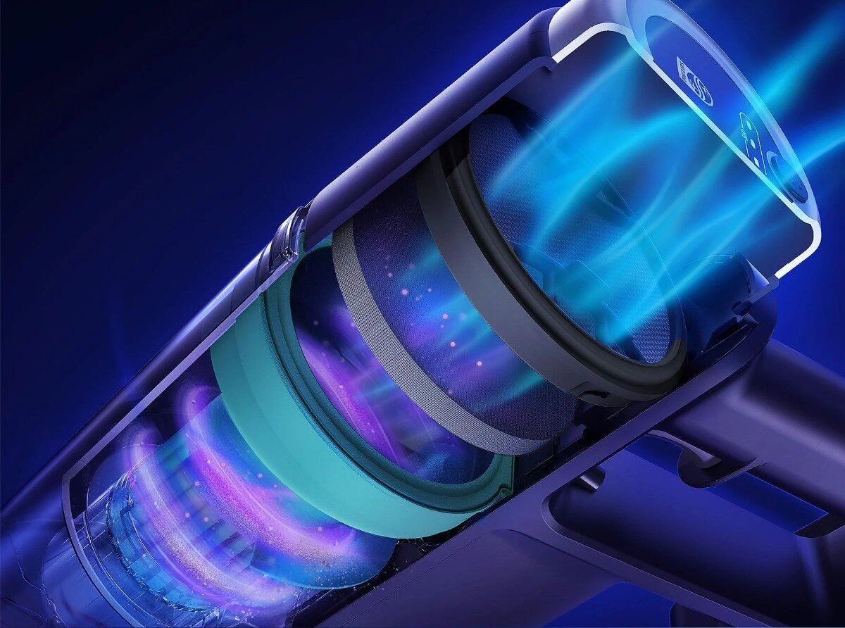 Widok rozstrzelony odkurzacza pokazujący elementy wewnętrzne i niebieski przepływ powietrza.