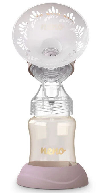 Laktator z butelką i kwiatowym wzorem na lejku.