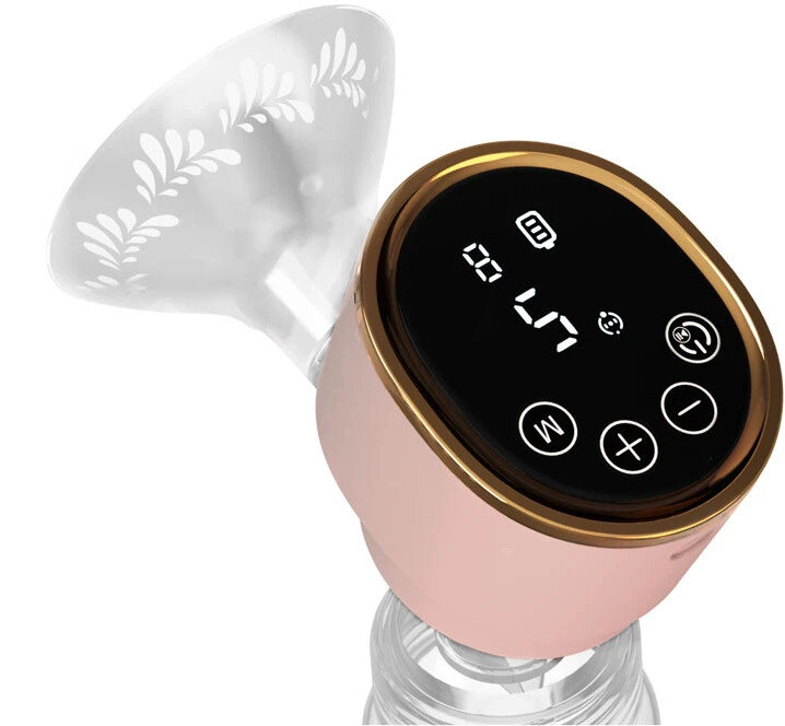 Różowa i złota laktator z cyfrowym ekranem i przyciskami. Pompa jest biała.