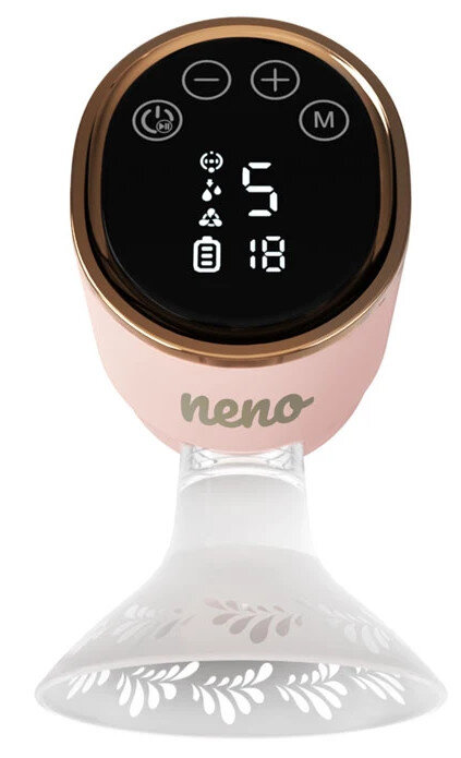 Różowa i złota pompa do piersi z cyfrowym wyświetlaczem pokazującym liczby, białe tło.