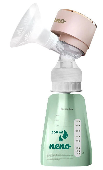 Laktator z dołączoną butelką. Pompa jest różowa, a butelka zielona.