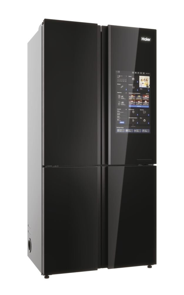 Czarna lodówka Haier z czterema drzwiami i interfejsem ekranu dotykowego.