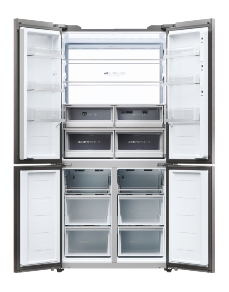 Lodówka z otwartymi drzwiami, pokazująca wewnętrzne przegrody. Każde drzwi mają schowek.