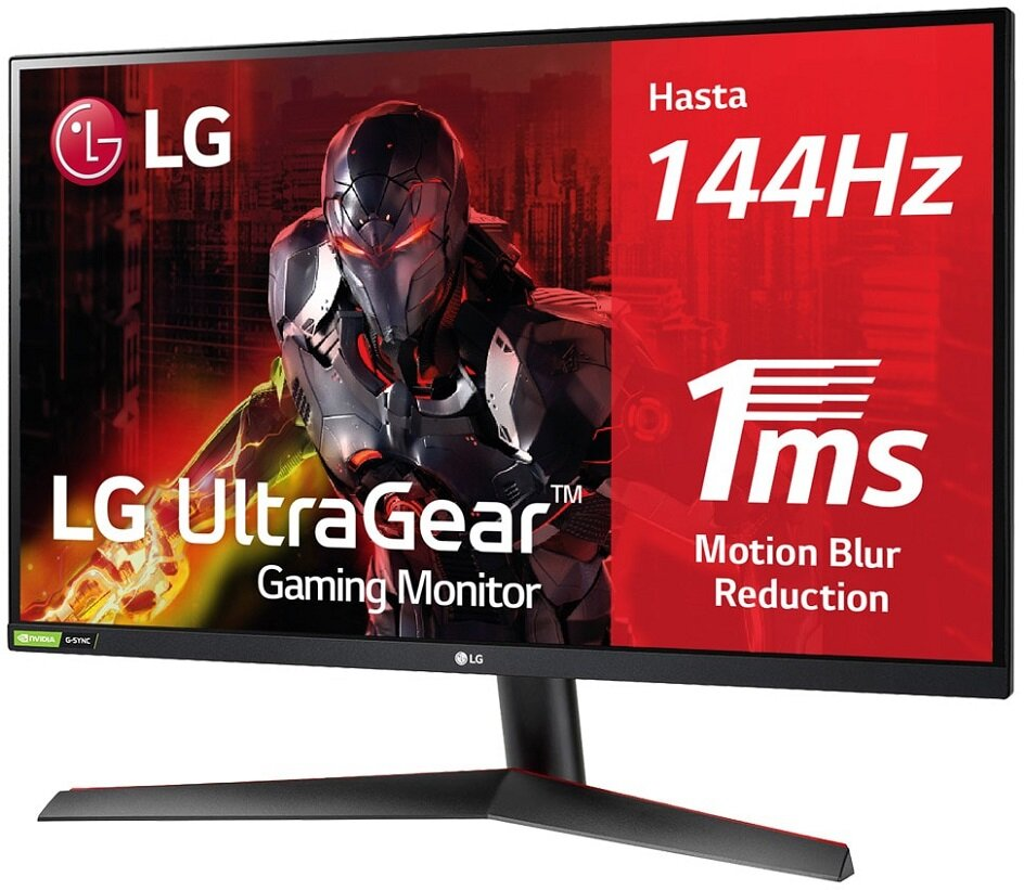 Monitor do gier LG UltraGear wyświetlający scenę z gry, z nakładką tekstową.
