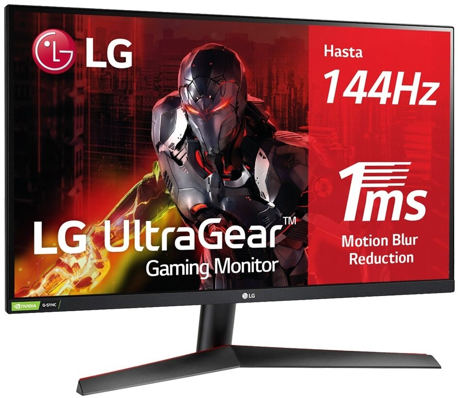 Monitor do gier LG UltraGear z tekstem i grafiką.