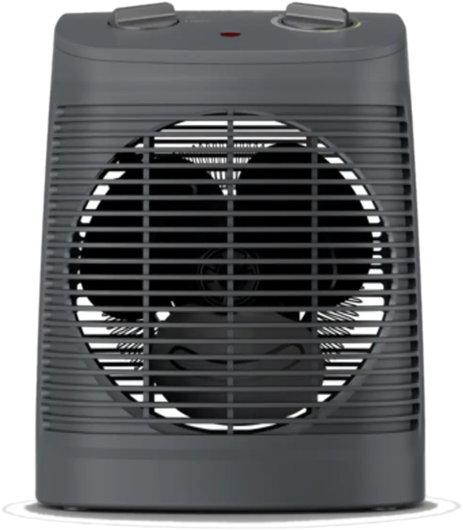 Een donkergrijze elektrische ventilatorkachel met een rooster en twee bedieningsknoppen bovenop.