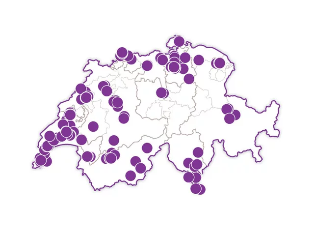 Mappa della Svizzera con punti viola che mostrano le posizioni.
