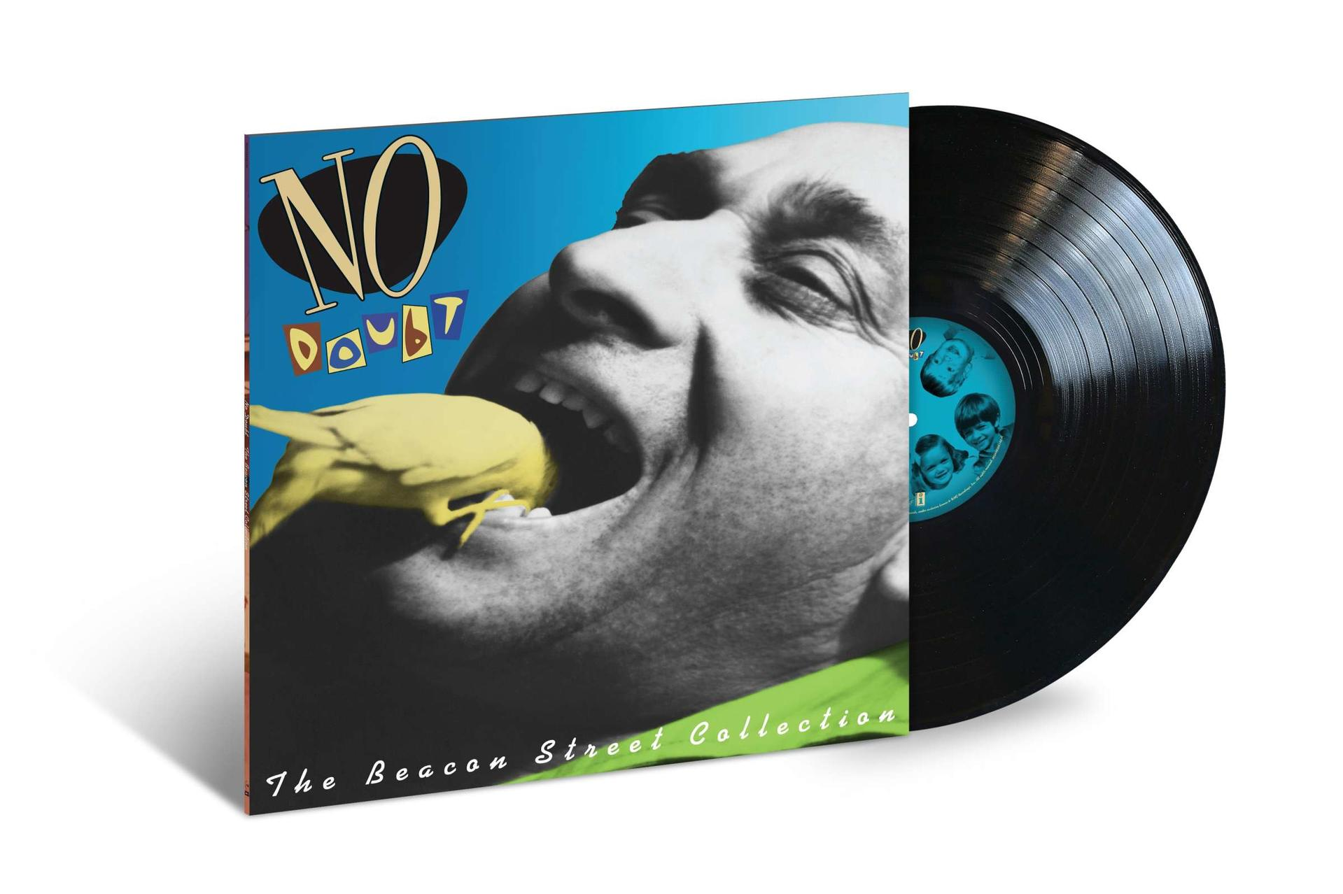 Vinyl-Albumcover, Mann beißt einen gelben Vogel, Titel 'No Doubt'.