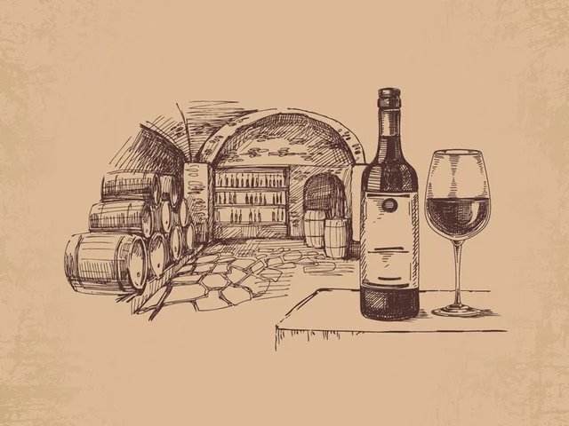 Un disegno a penna di una cantina con botti, bottiglie e un bicchiere di vino, su sfondo beige.