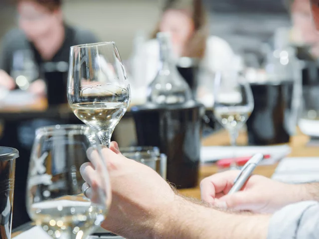 Persone in degustazione di vini, con bicchieri e che prendono appunti.