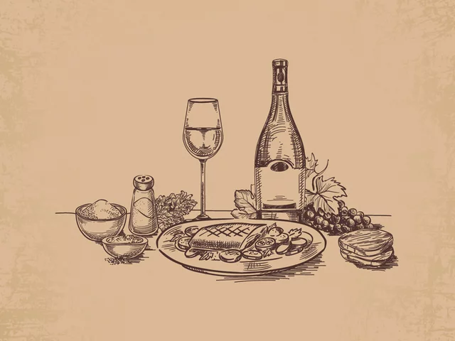 Illustrazione di una tavola imbandita con cibo, vino e saliere e pepiere.