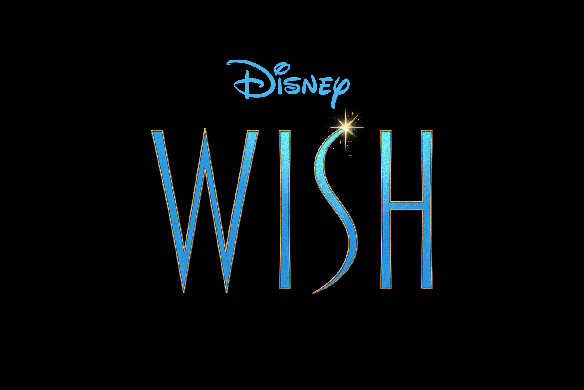 Disney's 'WISH' Filmtitel in Blau mit einem funkelnden Stern auf schwarzem Hintergrund.