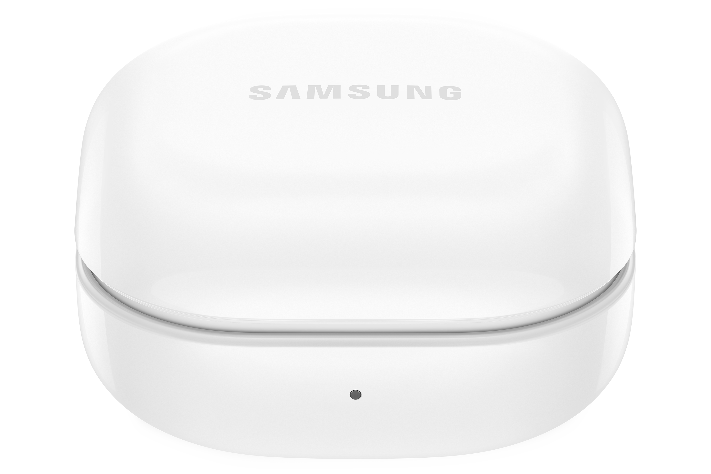 Üstünde Samsung logosu bulunan, kulaklıklar için beyaz, yuvarlak bir şarj kutusu.