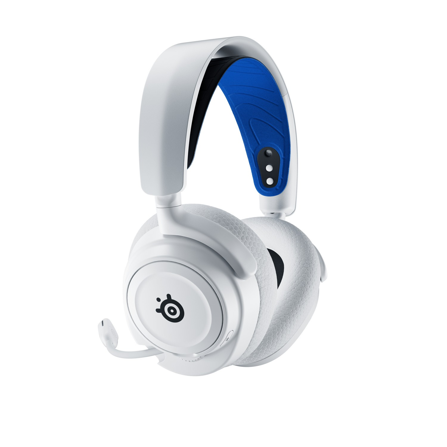 White headphones with blue accents, a microphone, and a logo on the ear cup.