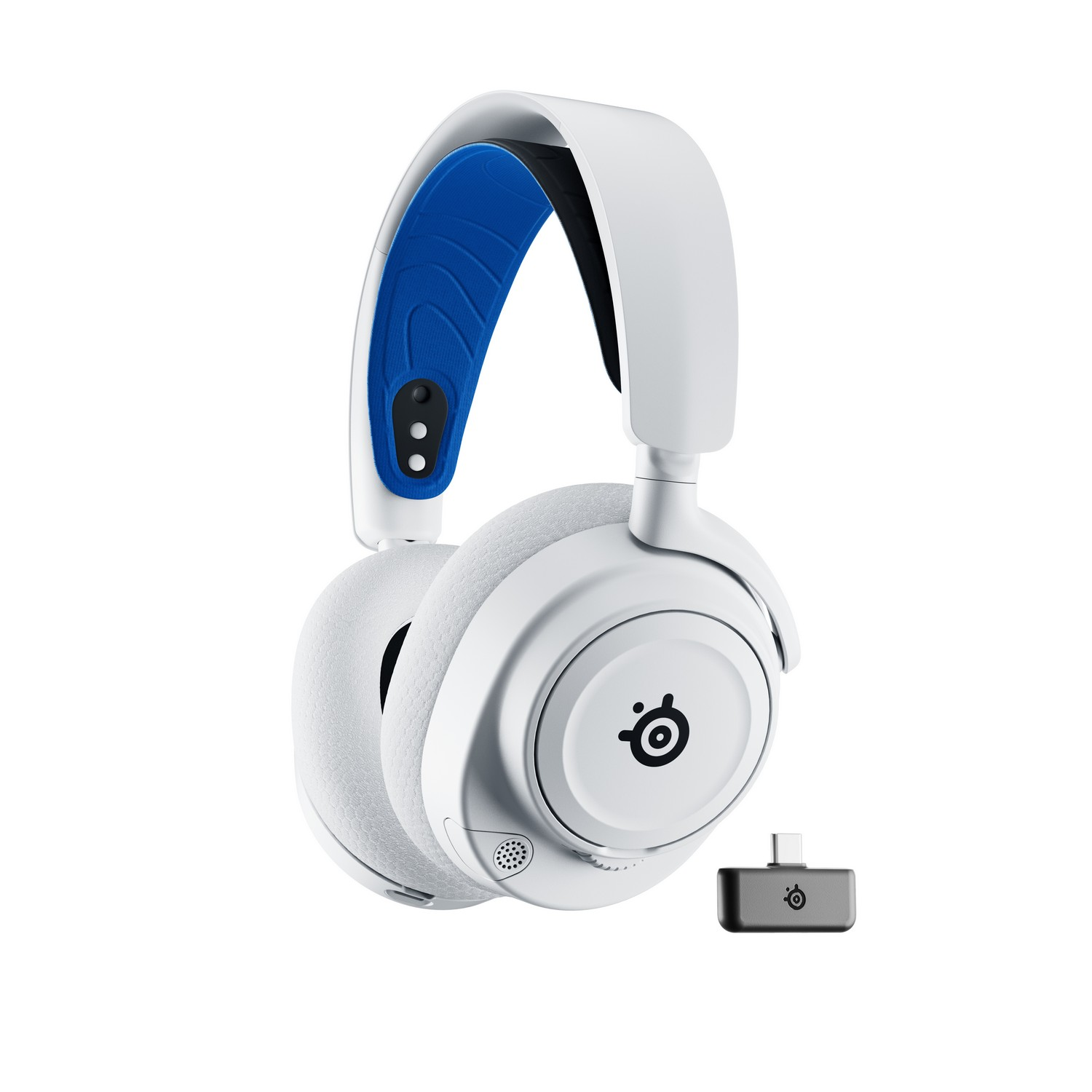 White headset with blue padding, a small USB receiver, and a white background.
