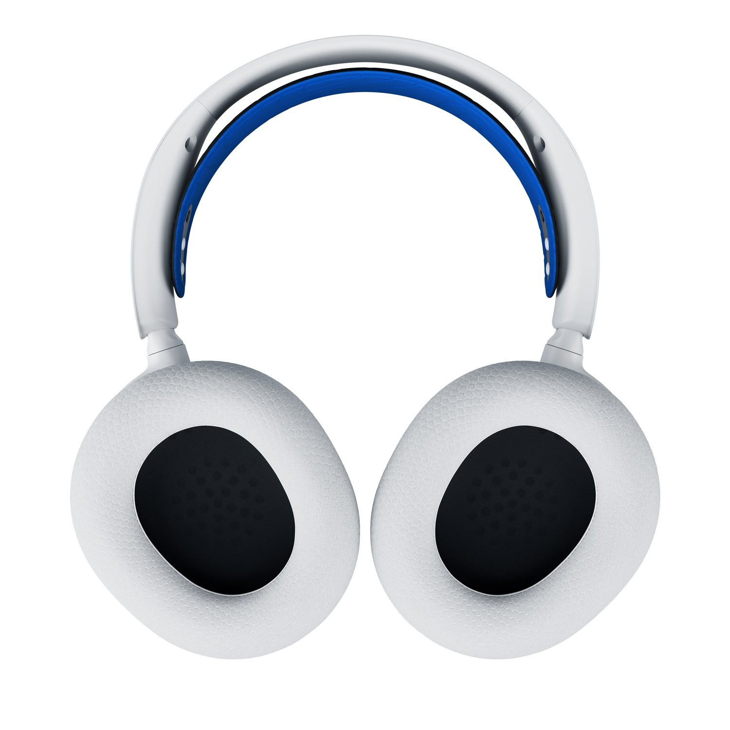 White headphones with blue headband. The earcups are white and have black mesh.