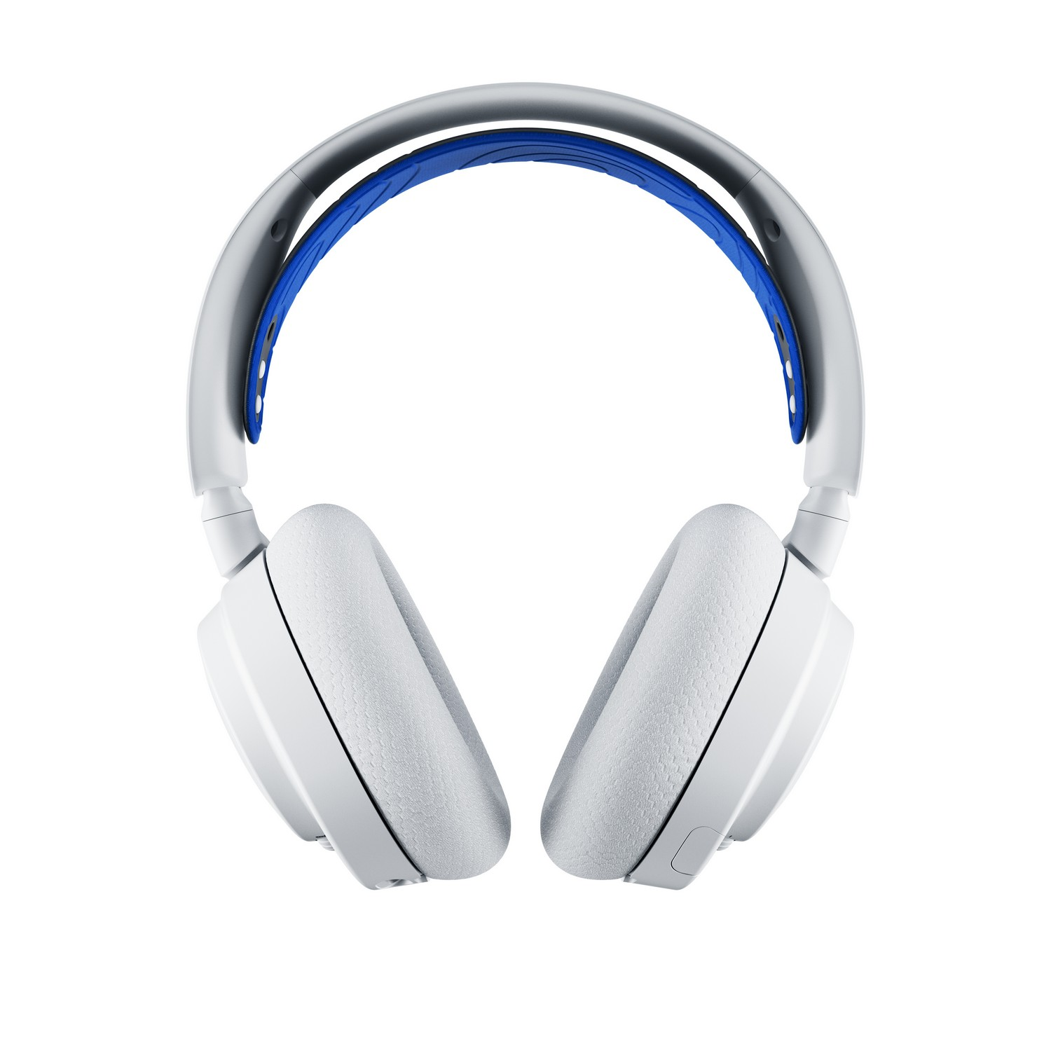 White and blue headphones, viewed from above, showing the headband and earcups.