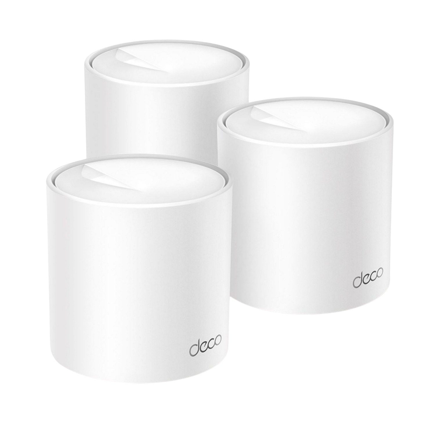 Drie witte cilindrische Deco mesh wifi-eenheden worden getoond met een zwarte achtergrond.